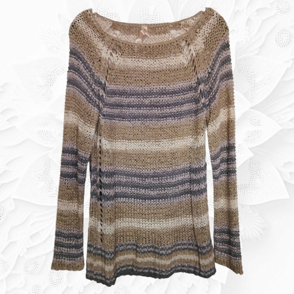 Mystree Wide Knit Lightweight Tan White Boatneck Sweater Size Medium